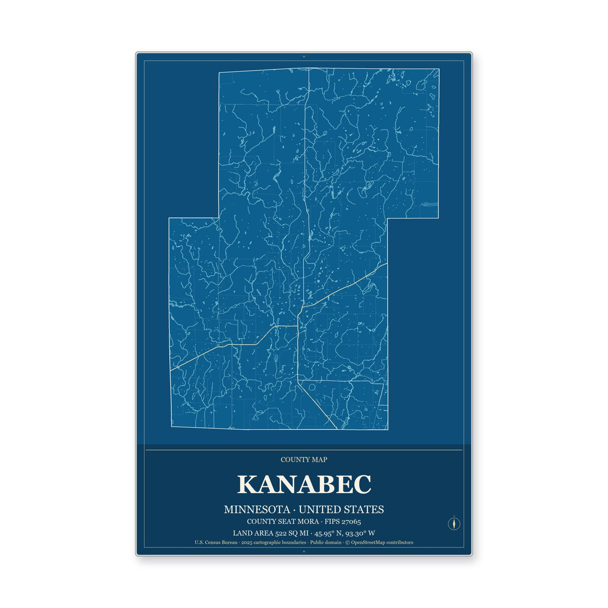 Kanabec County, Minnesota Map Aluminum Sign in Harbor Cobalt style