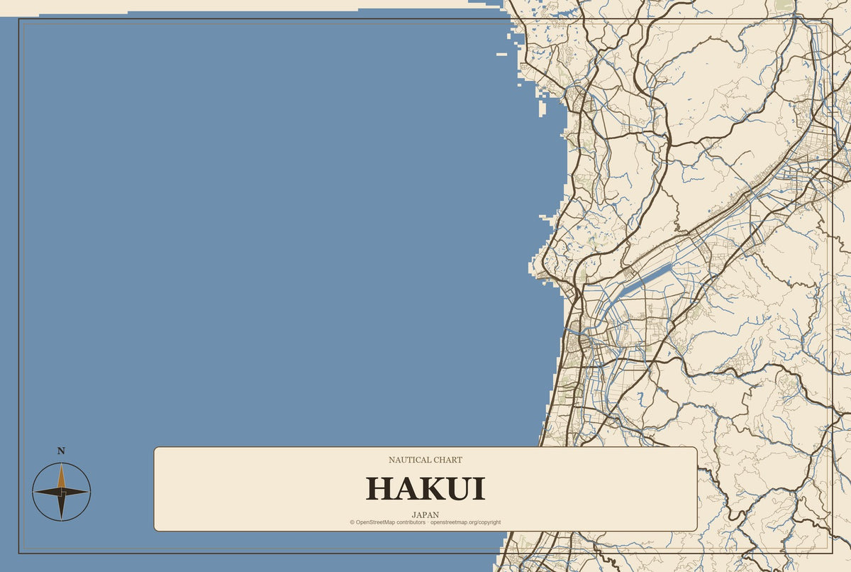Hakui, Japan City Map Aluminum Sign in Heritage Nautical style