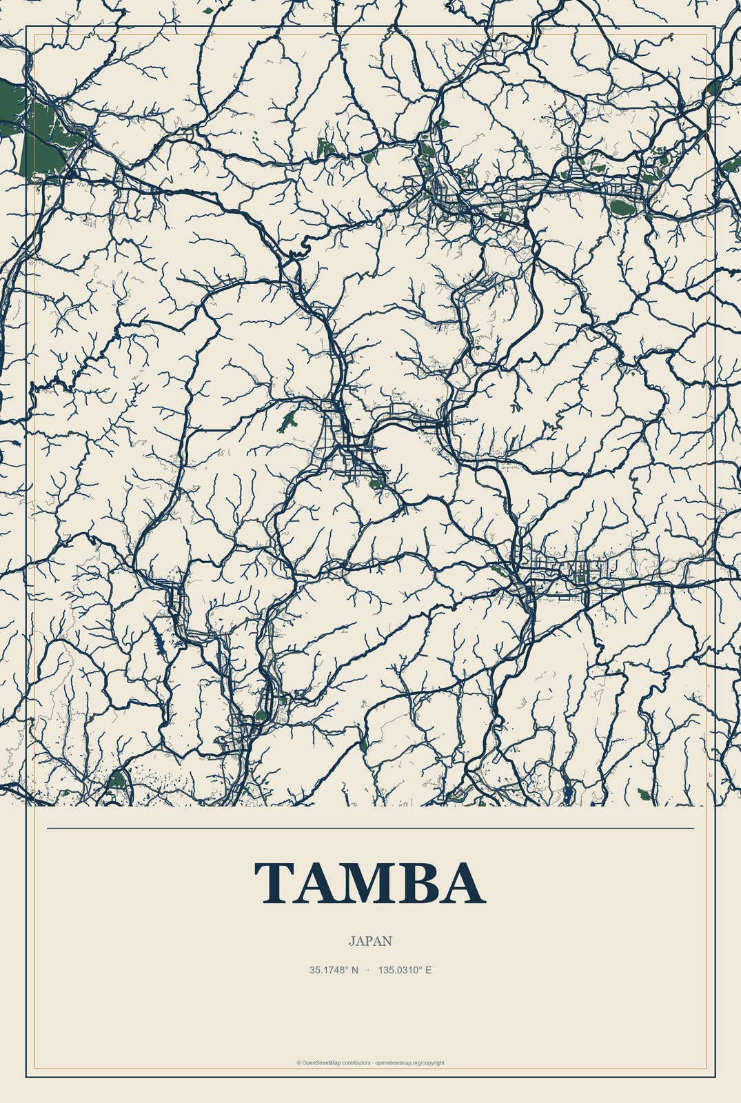 Tamba, Japan City Map Aluminum Sign in Coastal Cutout style