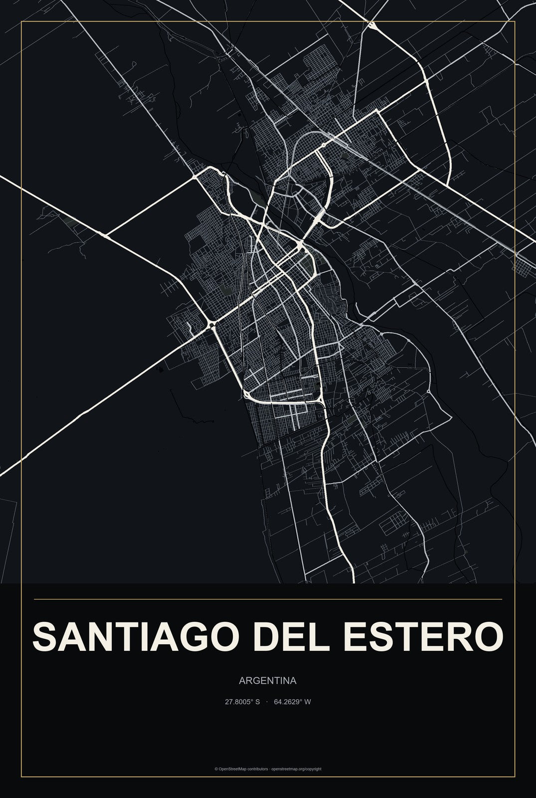 Santiago del Estero, Argentina City Map Aluminum Sign in Metropolitan Noir style