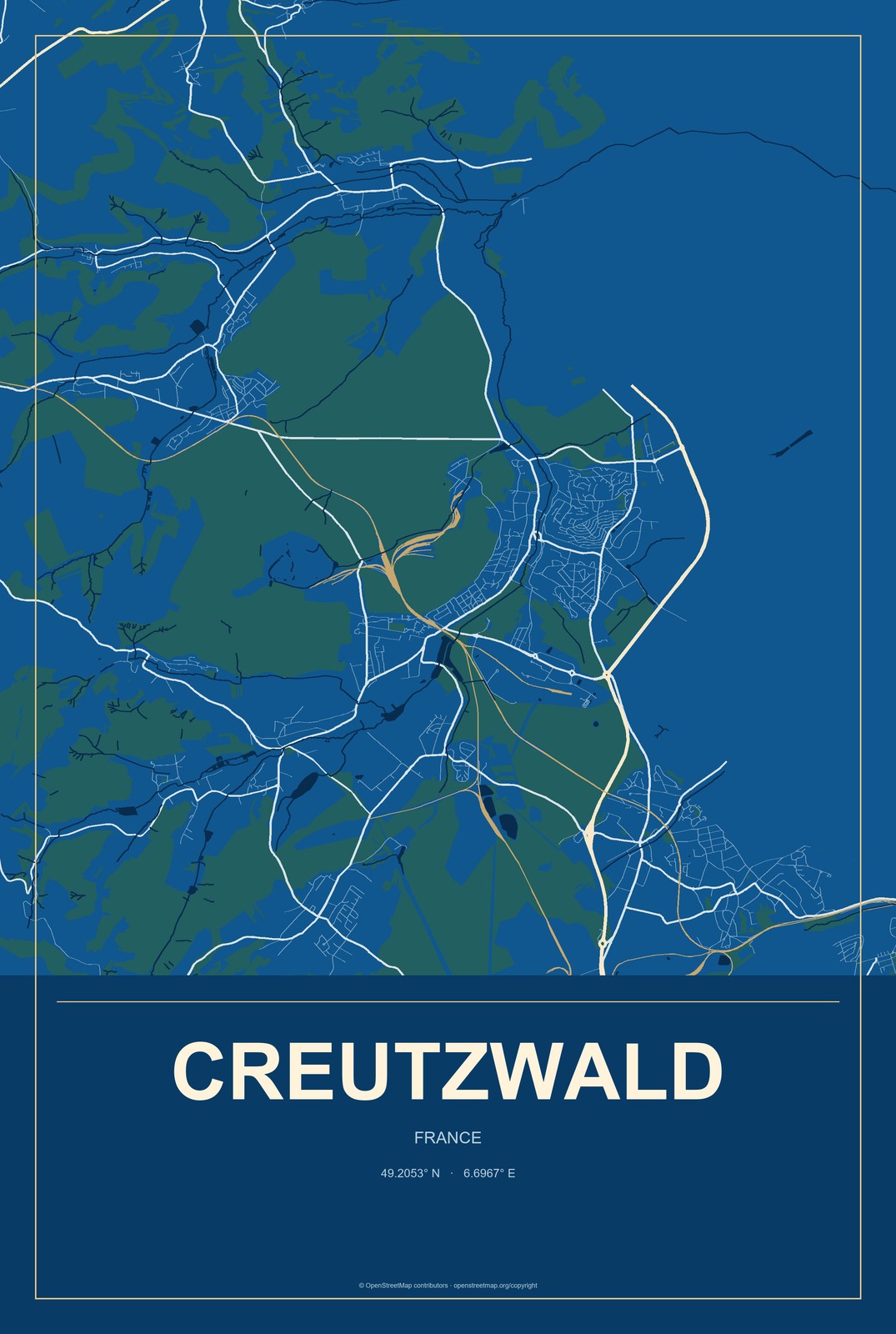 Creutzwald, France City Map Aluminum Sign in Harbor Cobalt style