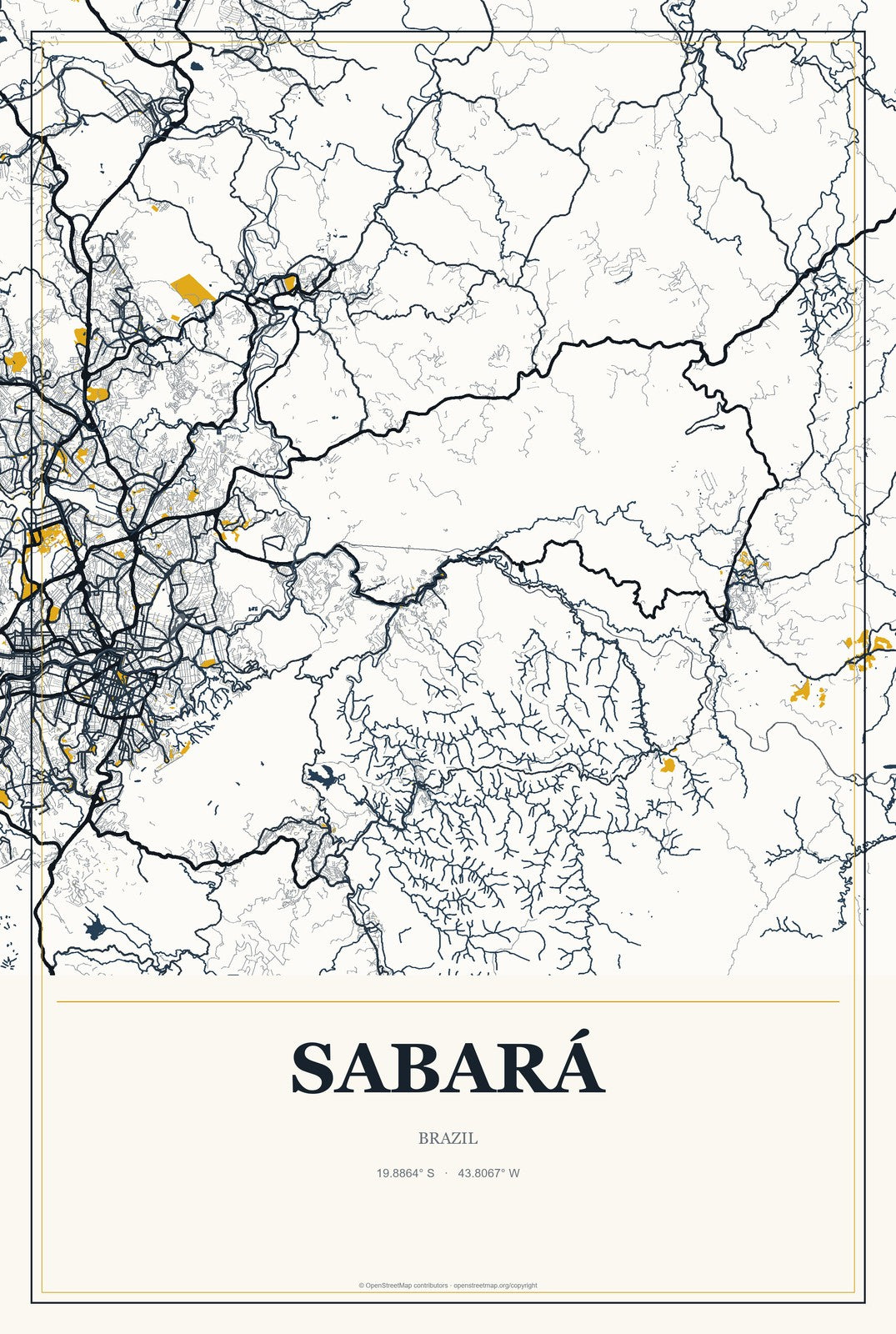 Sabará, Brazil City Map Aluminum Sign in Citrine Modern style