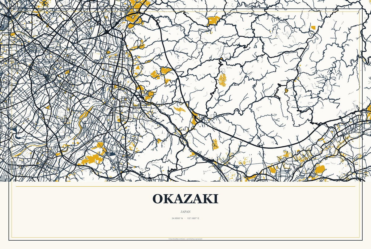 Okazaki, Japan City Map Aluminum Sign in Citrine Modern style