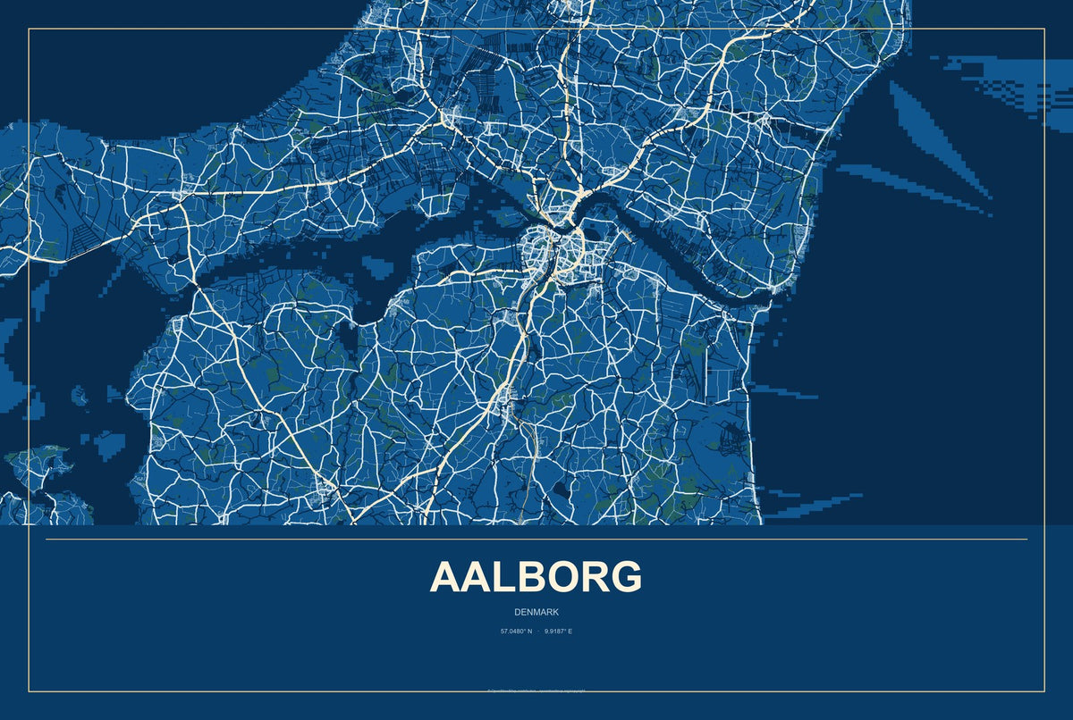 Aalborg, Denmark City Map Aluminum Sign in Harbor Cobalt style