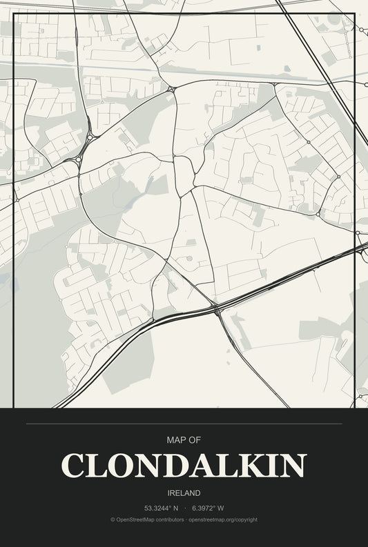 Clondalkin, Ireland City Map Aluminum Sign in Museum Plaque style