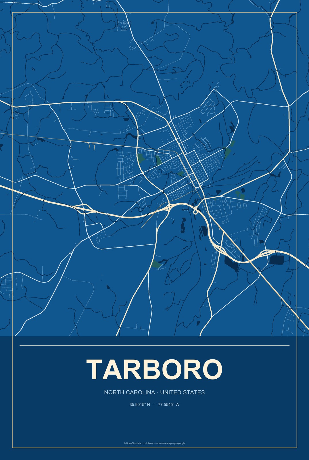 Tarboro, North Carolina City Map Aluminum Sign in Harbor Cobalt style