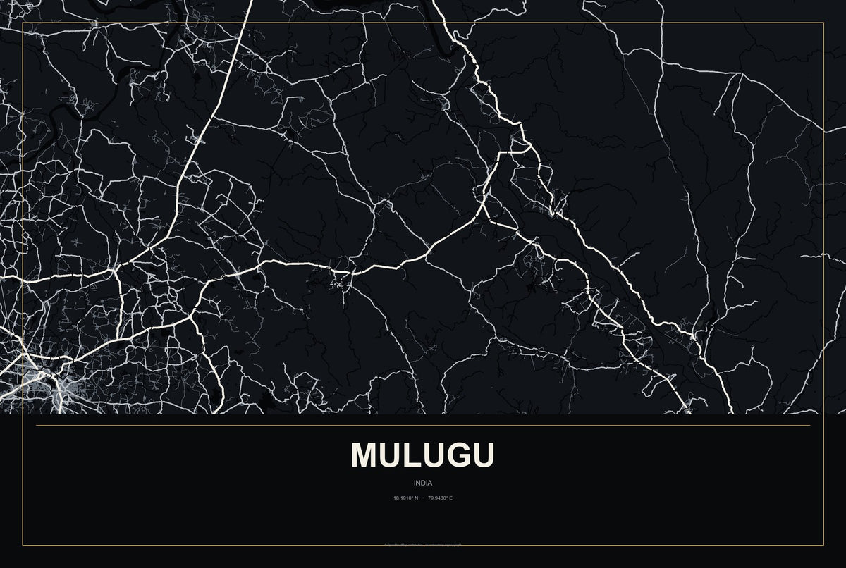 Mulugu, India City Map Aluminum Sign in Metropolitan Noir style