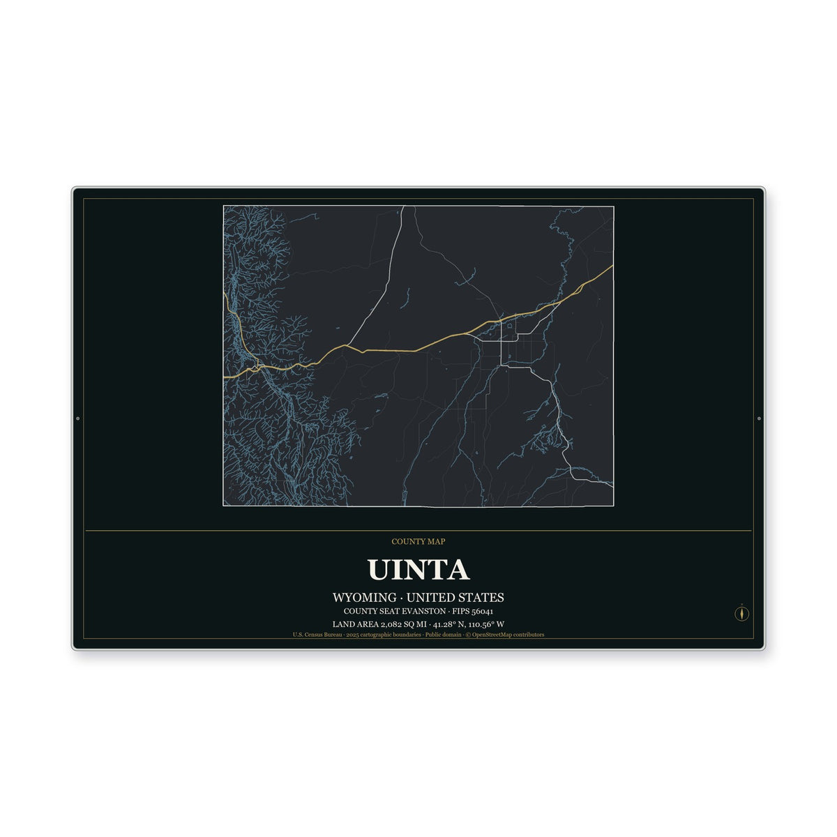 Uinta County, Wyoming Map Aluminum Sign in Metropolitan Noir style