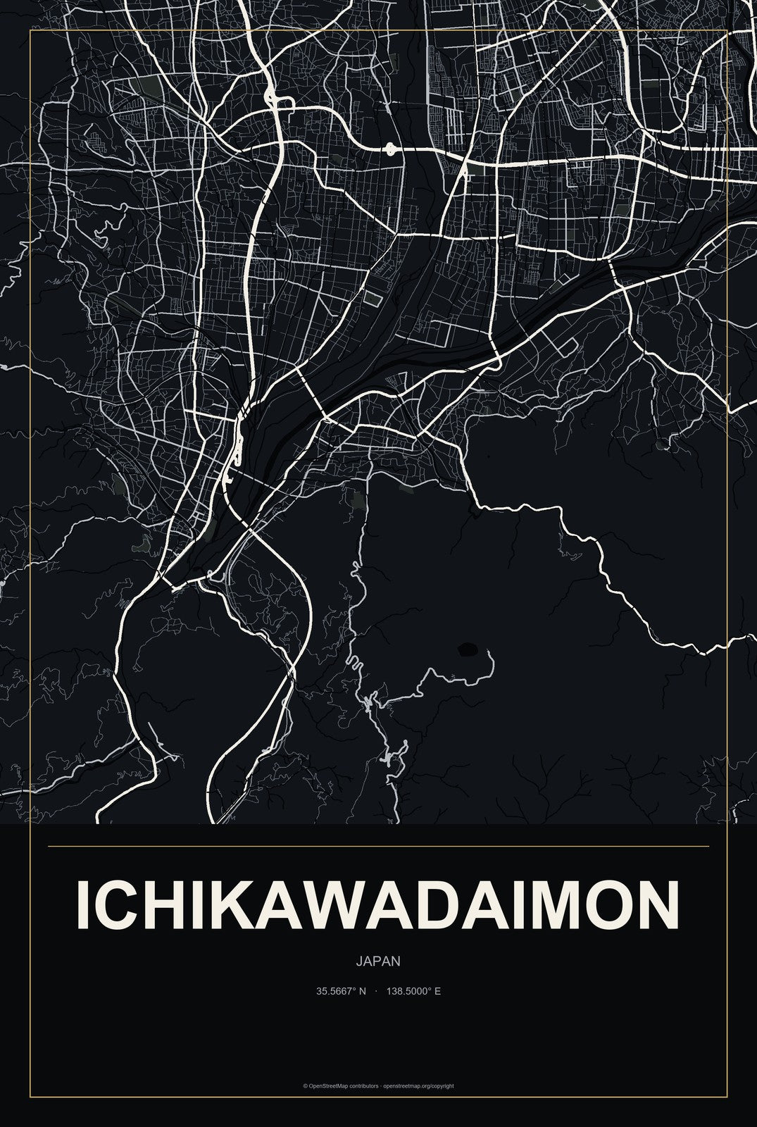 Ichikawadaimon, Japan City Map Aluminum Sign in Metropolitan Noir style