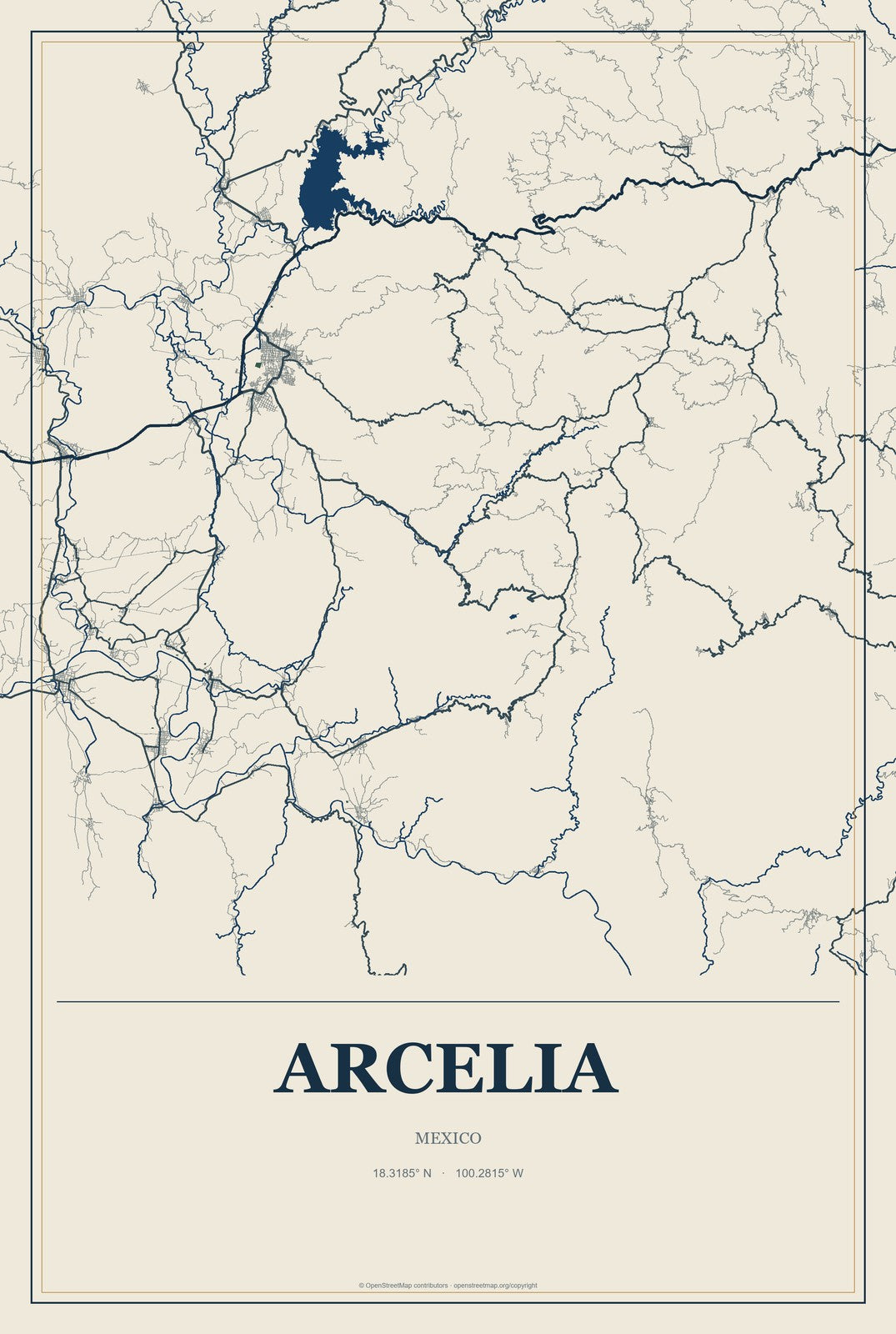 Arcelia, Mexico City Map Aluminum Sign in Coastal Cutout style