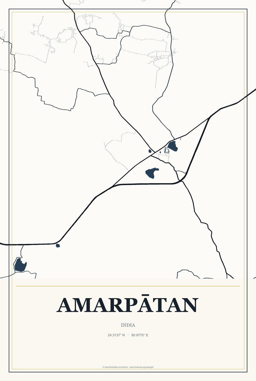 Amarpātan, India City Map Aluminum Sign in Citrine Modern style