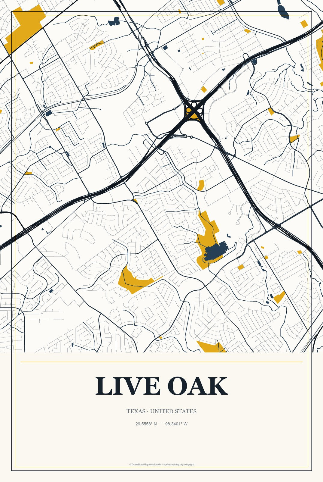 Live Oak, Texas City Map Aluminum Sign in Citrine Modern style