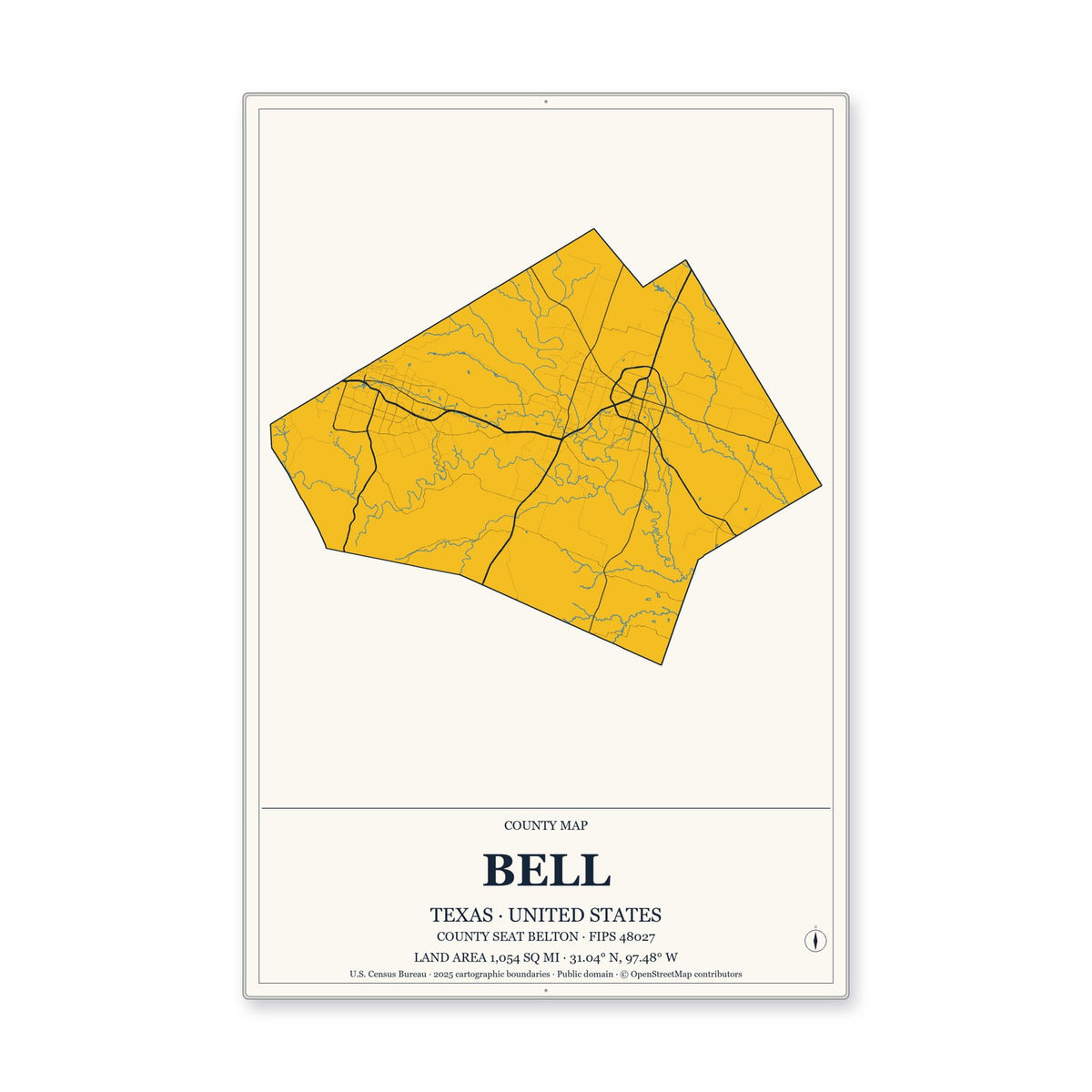 Bell County, Texas Map Aluminum Sign in Citrine Modern style