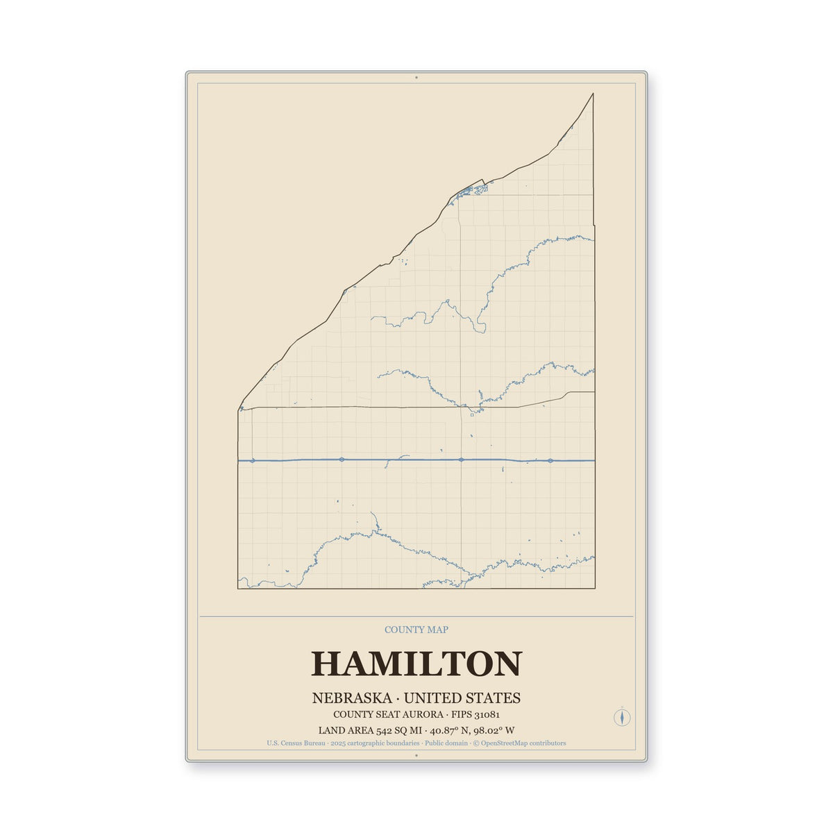 Hamilton County, Nebraska Map Aluminum Sign in Heritage Nautical style