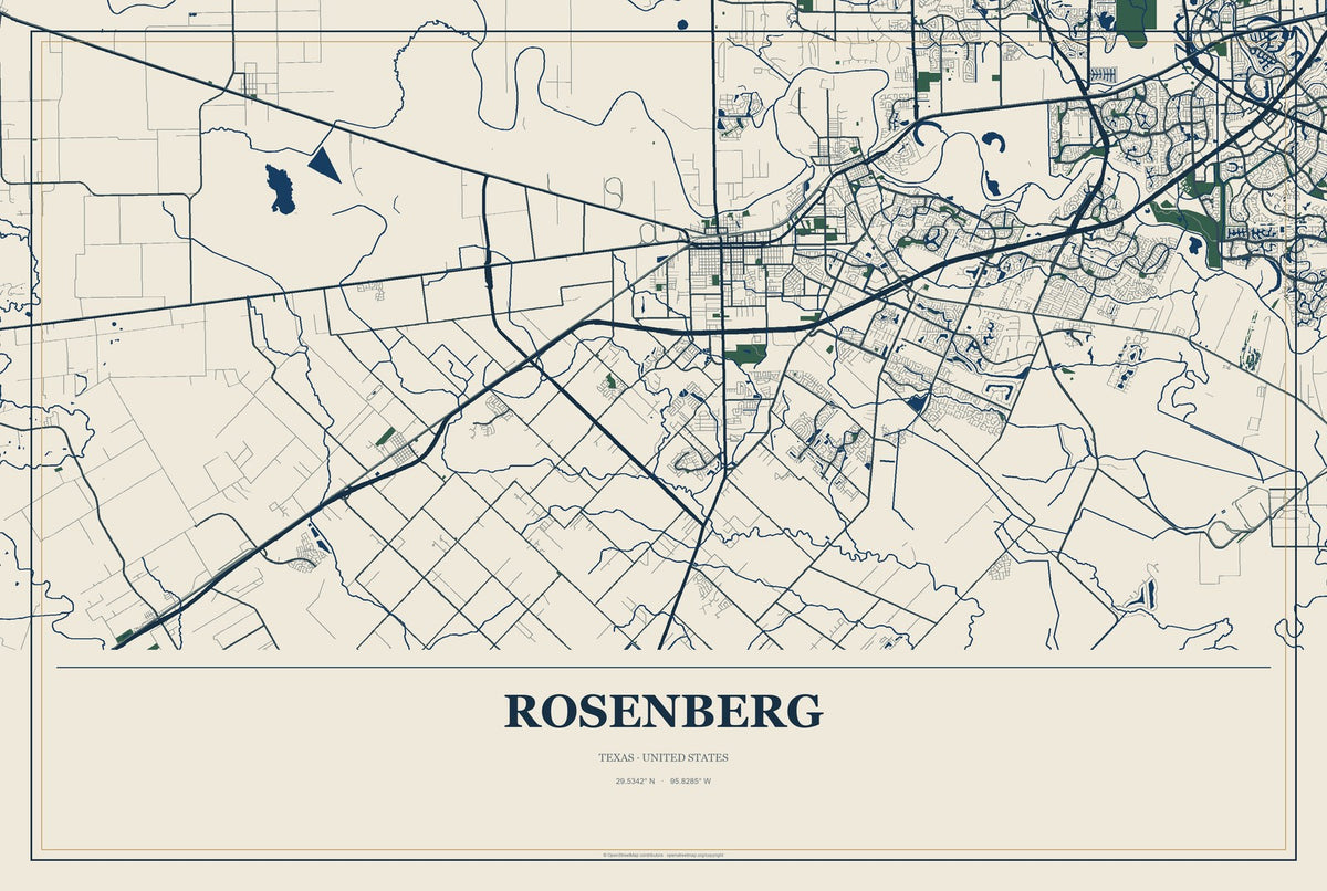 Rosenberg, Texas City Map Aluminum Sign in Coastal Cutout style