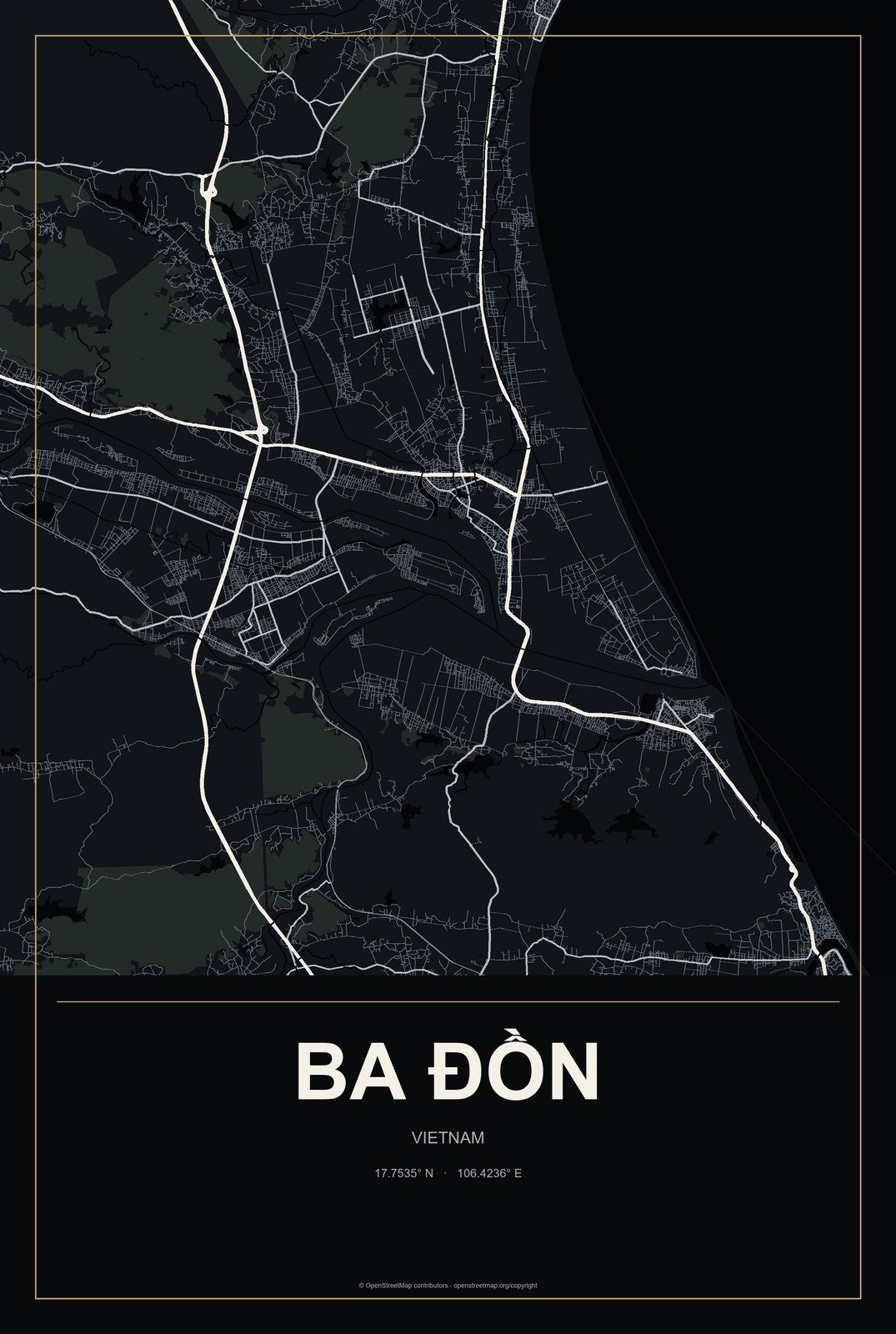 Ba Đồn, Vietnam City Map Aluminum Sign in Metropolitan Noir style