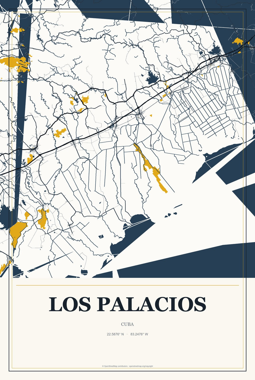 Los Palacios, Cuba City Map Aluminum Sign in Citrine Modern style