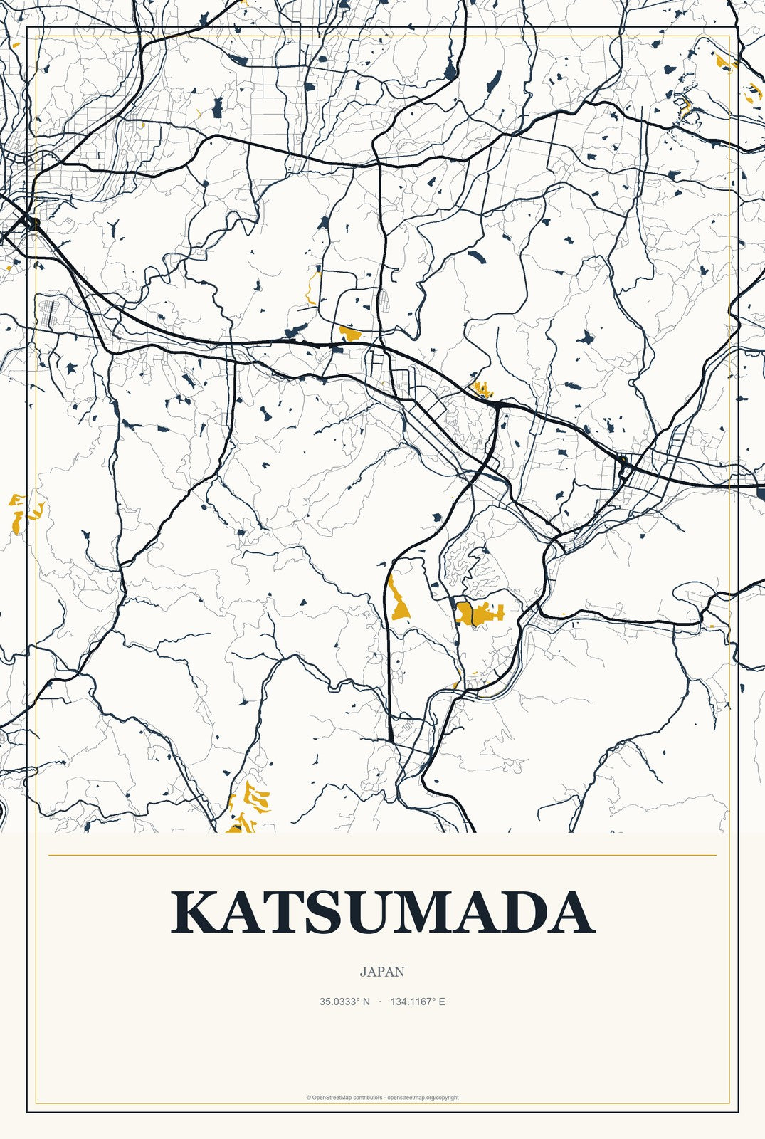Katsumada, Japan City Map Aluminum Sign in Citrine Modern style