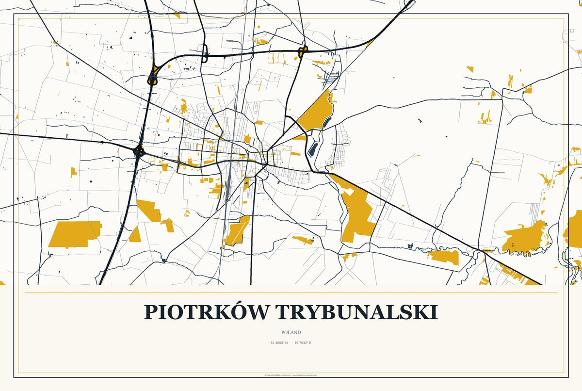 Piotrków Trybunalski, Poland City Map Aluminum Sign in Citrine Modern style