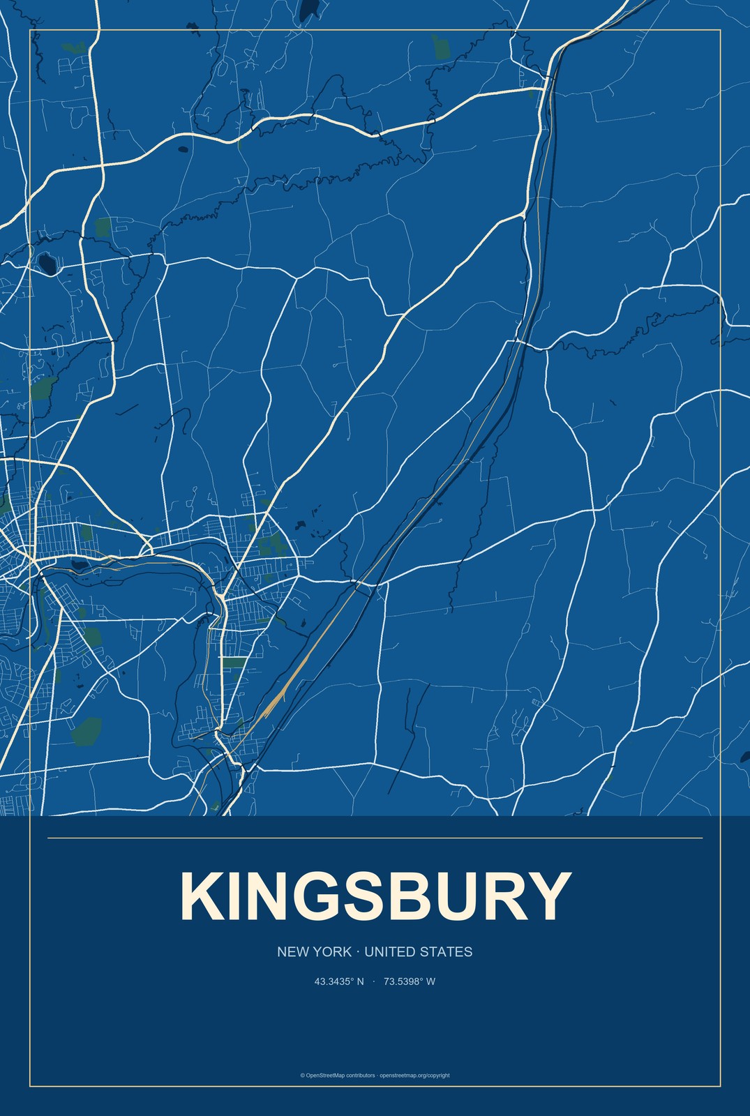 Kingsbury, New York City Map Aluminum Sign in Harbor Cobalt style