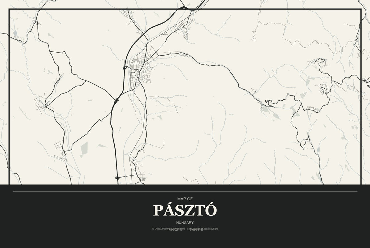Pásztó, Hungary City Map Aluminum Sign in Museum Plaque style