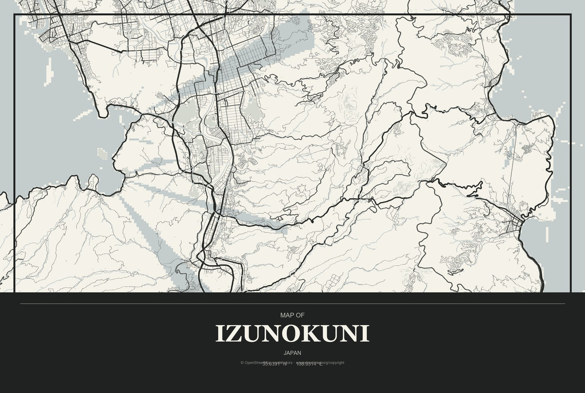 Izunokuni, Japan City Map Aluminum Sign in Museum Plaque style