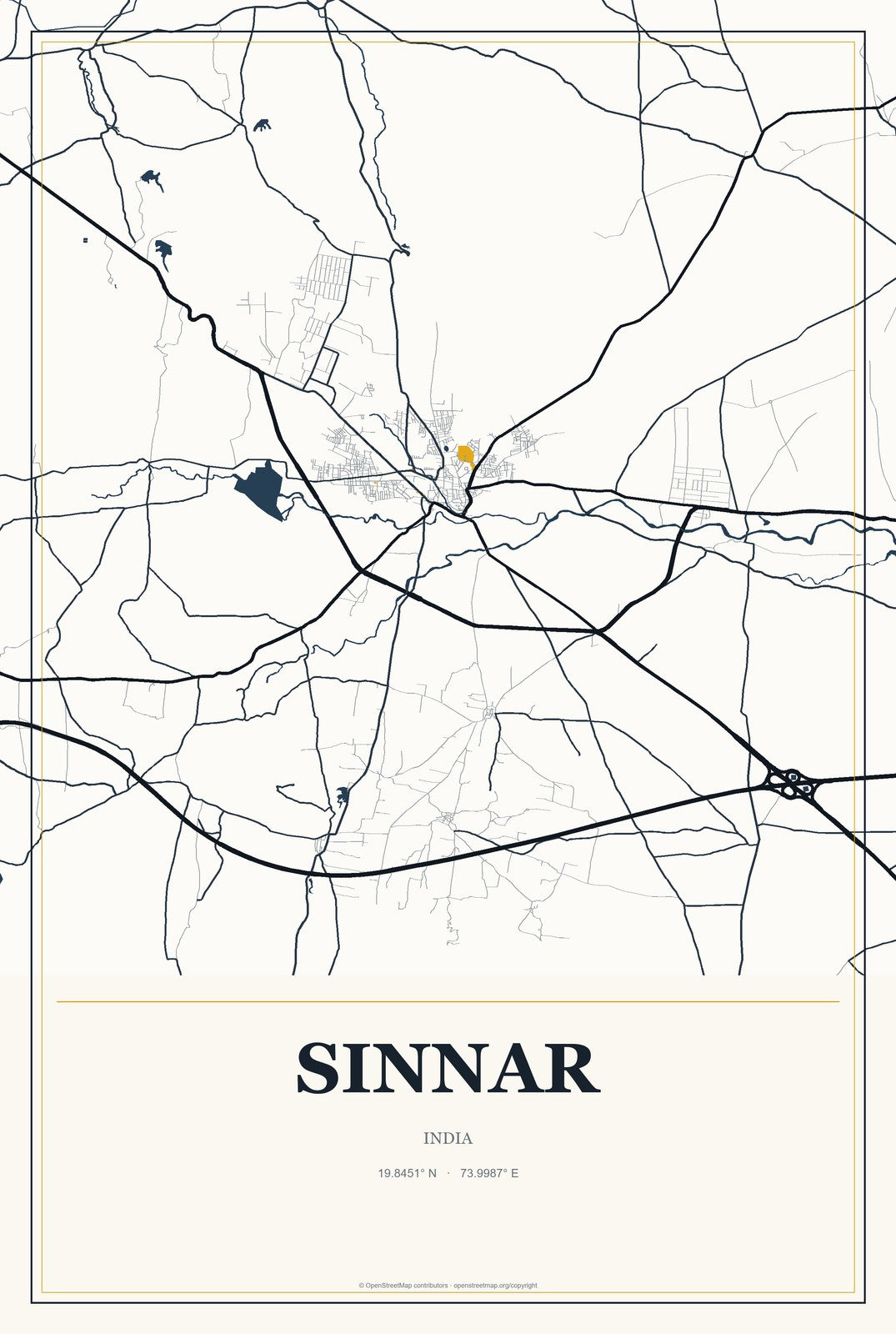 Sinnar, India City Map Aluminum Sign in Citrine Modern style