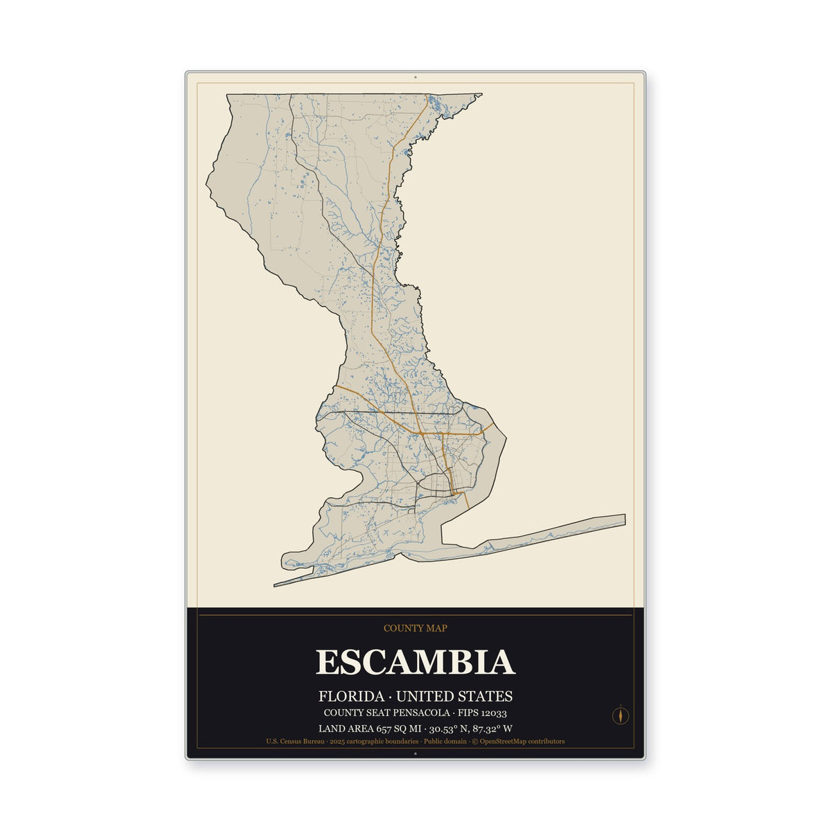 Escambia County, Florida Map Aluminum Sign in Museum Plaque style