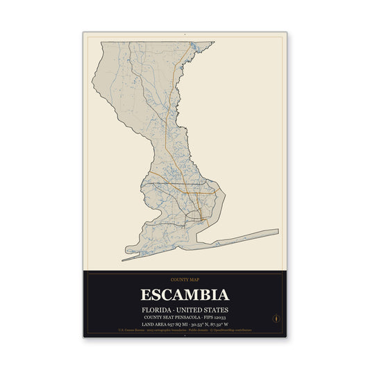 Escambia County, Florida Map Aluminum Sign in Museum Plaque style