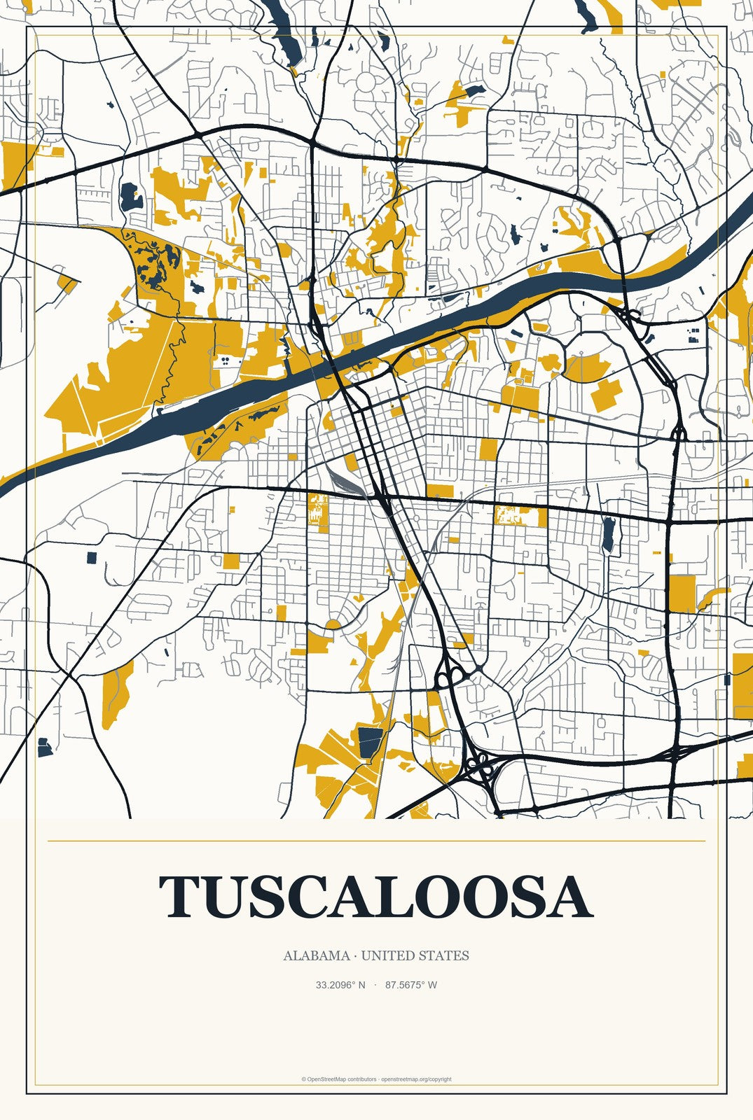 Tuscaloosa, Alabama City Map Aluminum Sign in Citrine Modern style