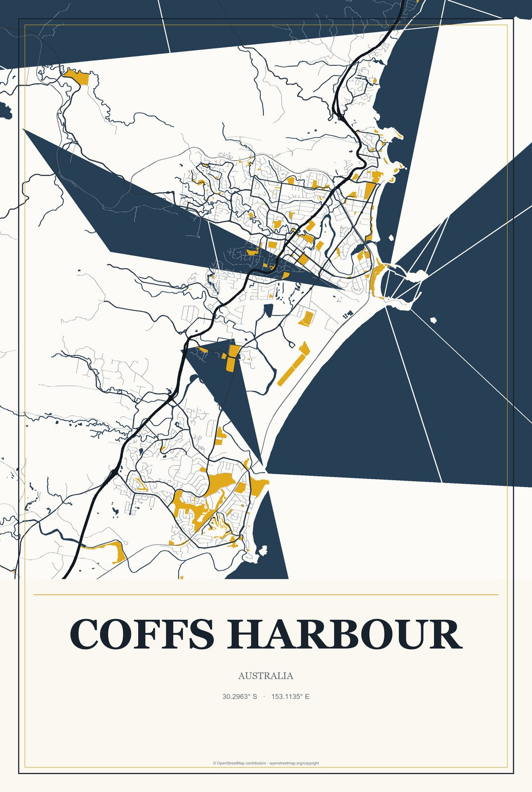 Coffs Harbour, Australia City Map Aluminum Sign in Citrine Modern style