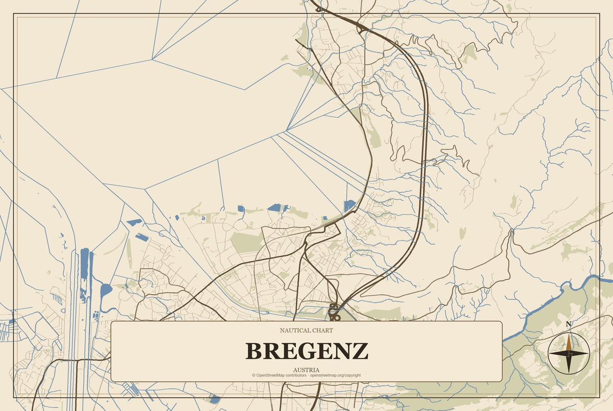 Bregenz, Austria City Map Aluminum Sign in Heritage Nautical style