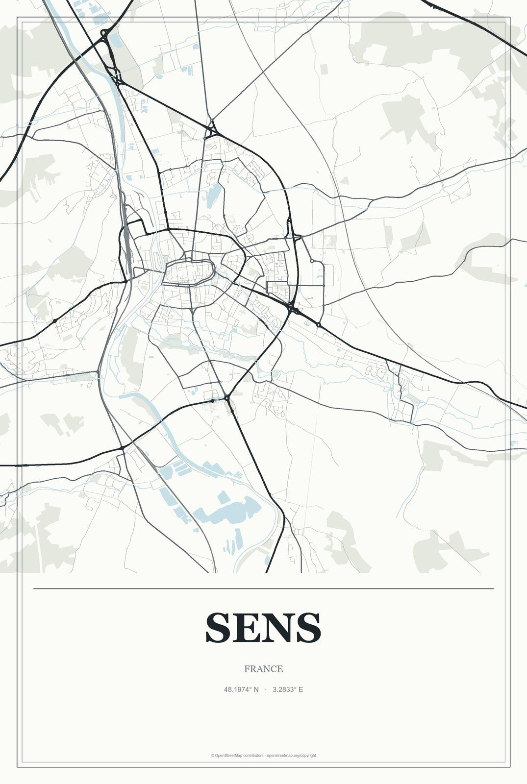 Sens, France City Map Aluminum Sign in Gallery Air style