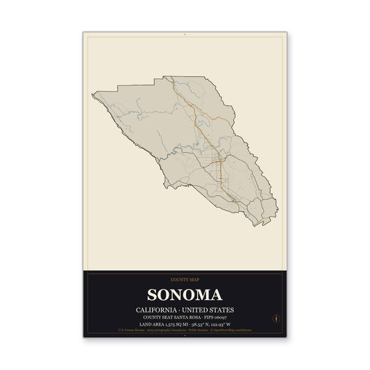 Sonoma County, California Map Aluminum Sign in Museum Plaque style