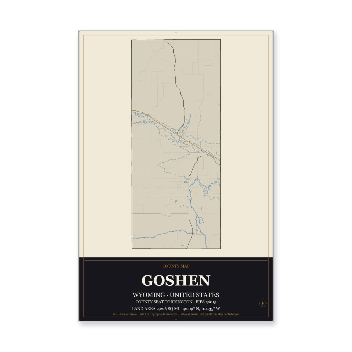 Goshen County, Wyoming Map Aluminum Sign in Museum Plaque style