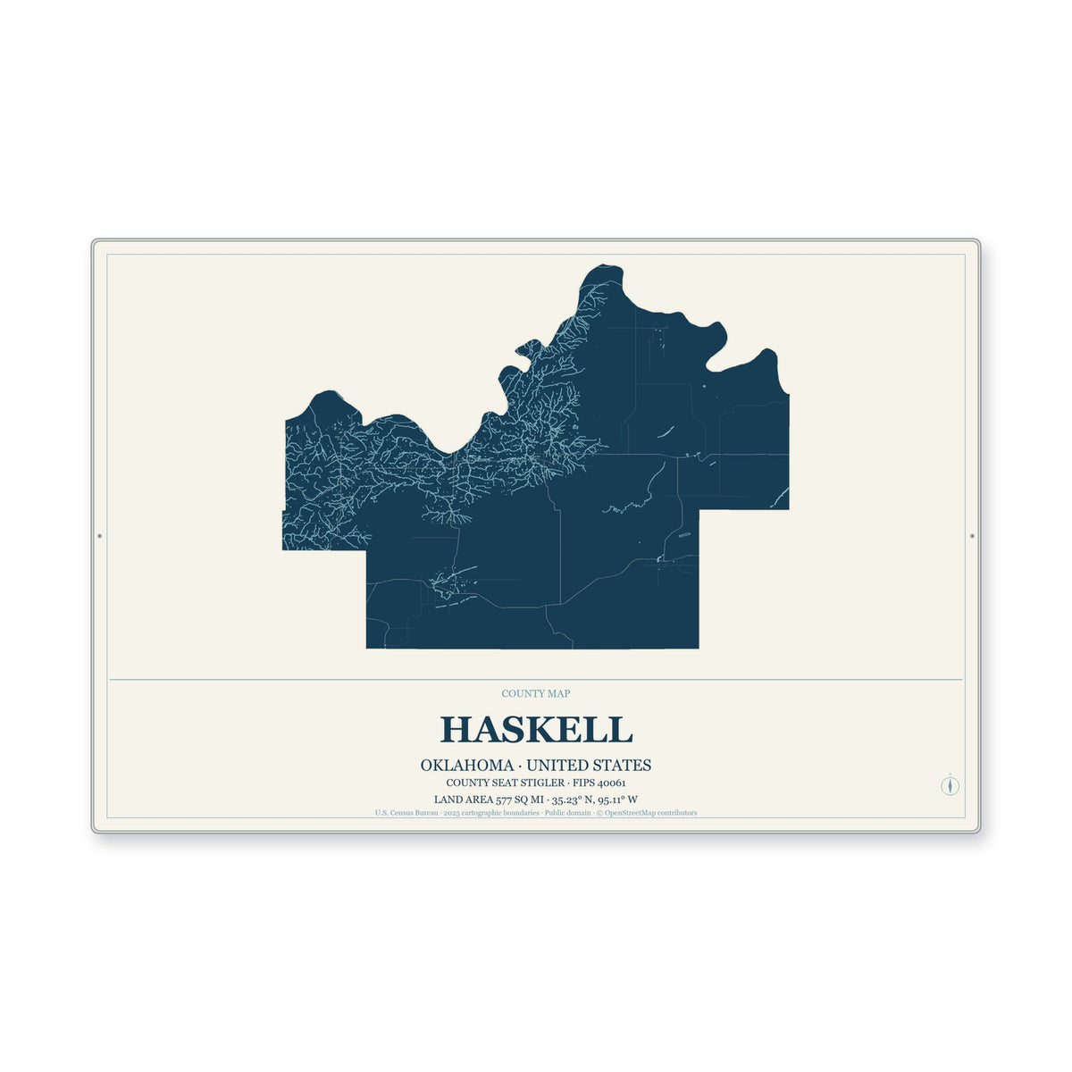 Haskell County, Oklahoma Map Aluminum Sign in Coastal Cutout style