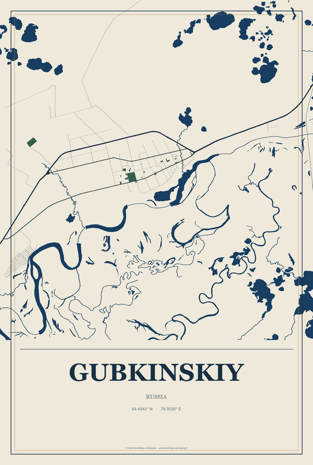 Gubkinskiy, Russia City Map Aluminum Sign in Coastal Cutout style