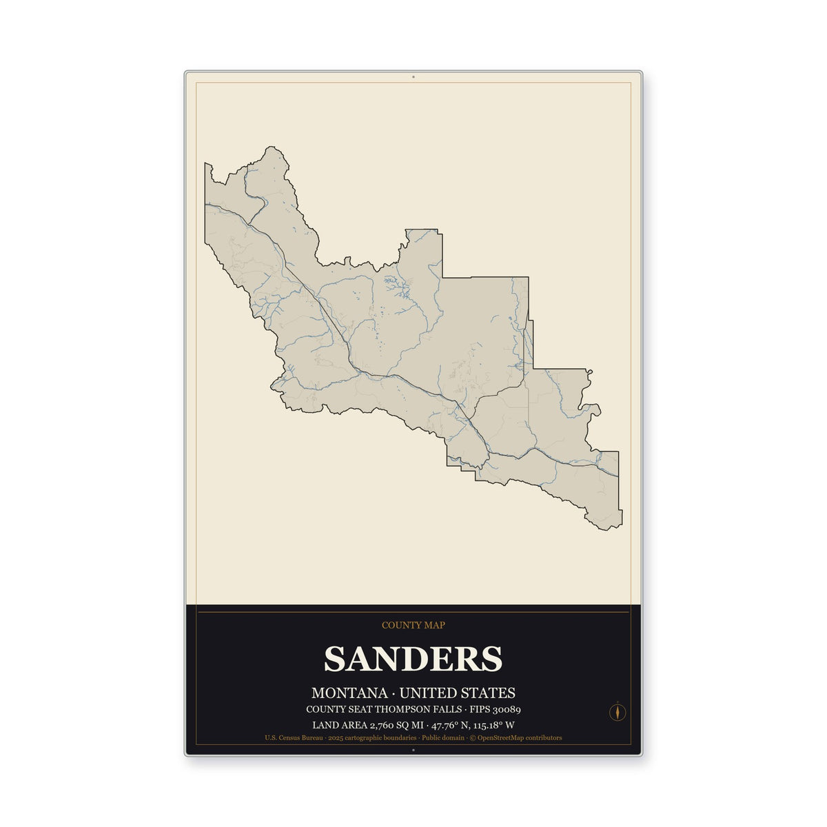 Sanders County, Montana Map Aluminum Sign in Museum Plaque style