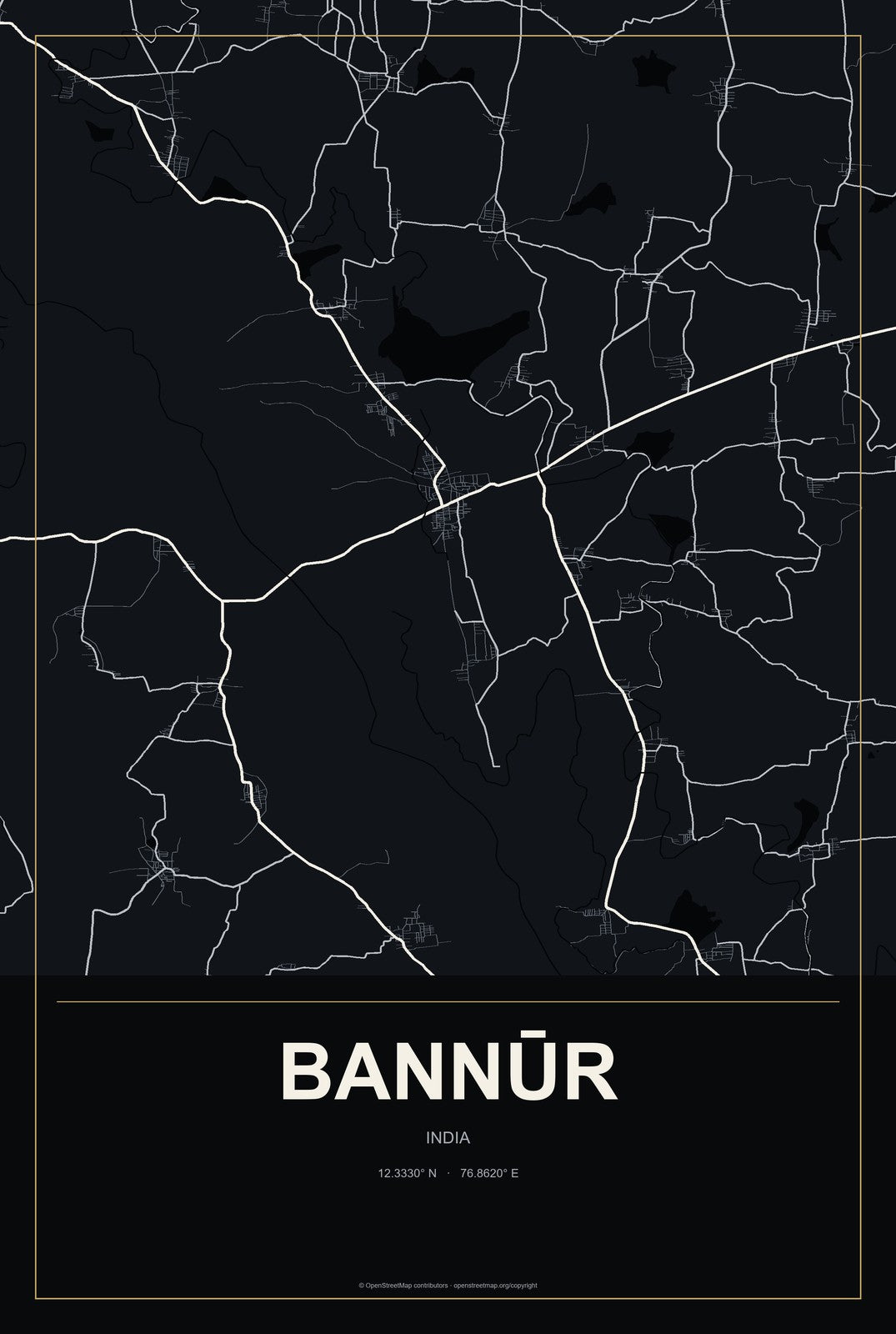 Bannūr, India City Map Aluminum Sign in Metropolitan Noir style