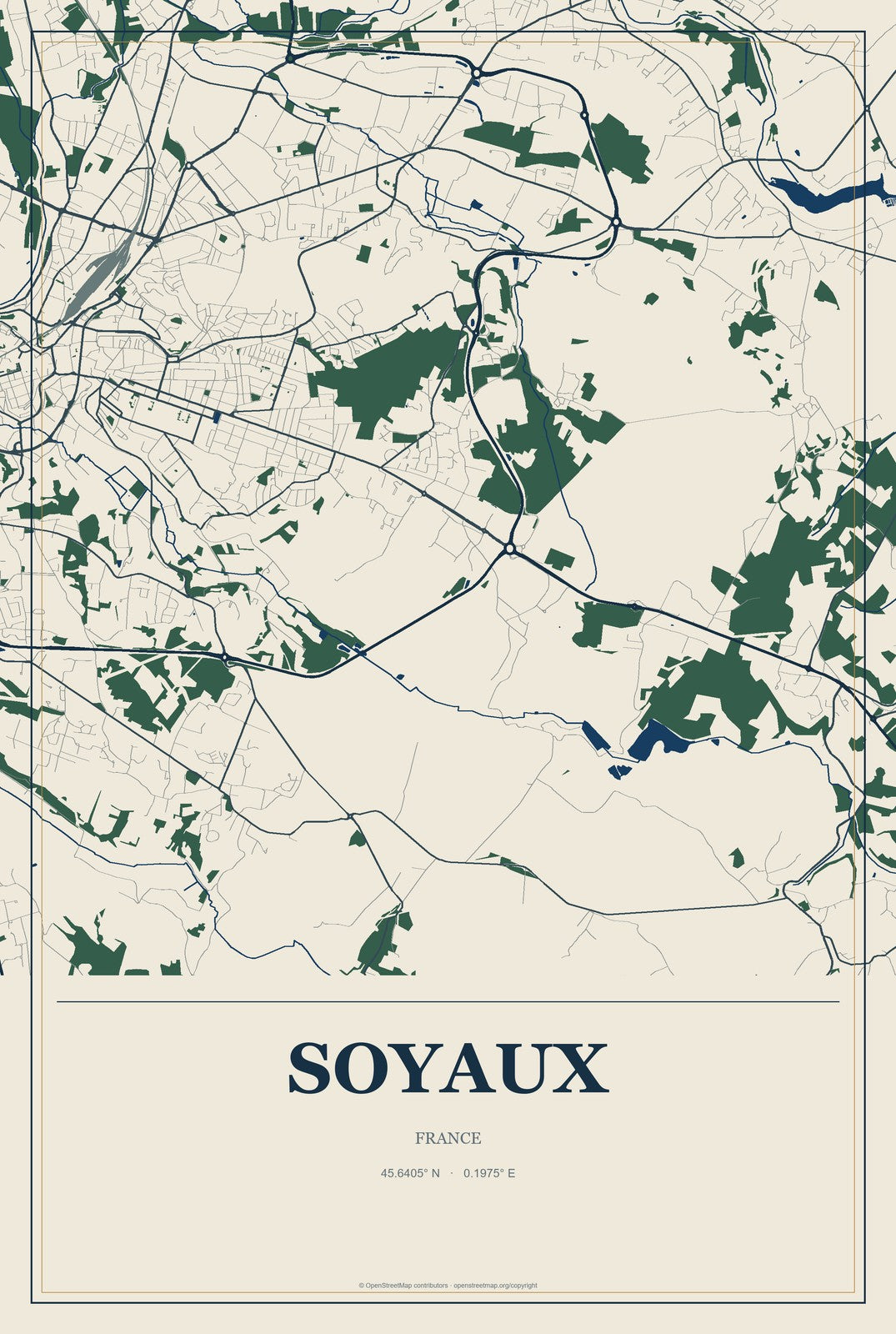 Soyaux, France City Map Aluminum Sign in Coastal Cutout style