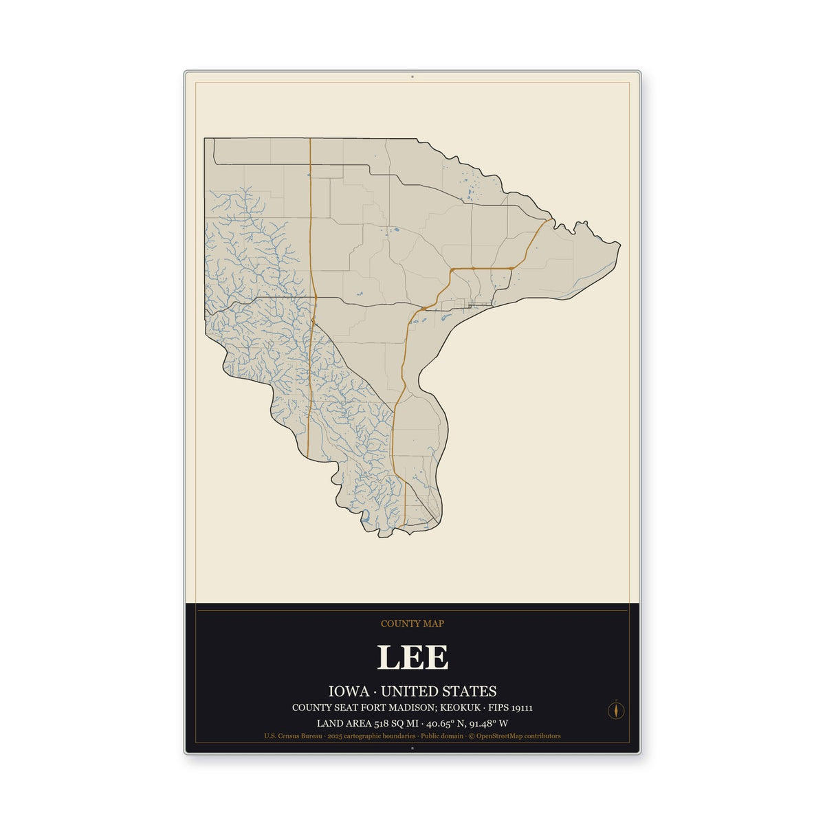 Lee County, Iowa Map Aluminum Sign in Museum Plaque style