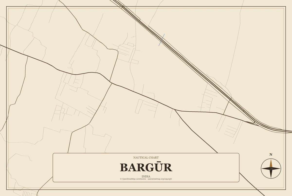 Bargūr, India City Map Aluminum Sign in Heritage Nautical style