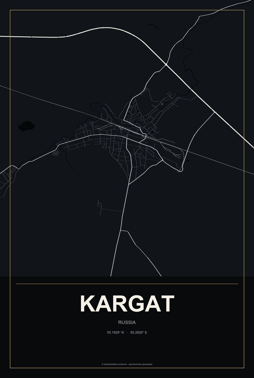Kargat, Russia City Map Aluminum Sign in Metropolitan Noir style