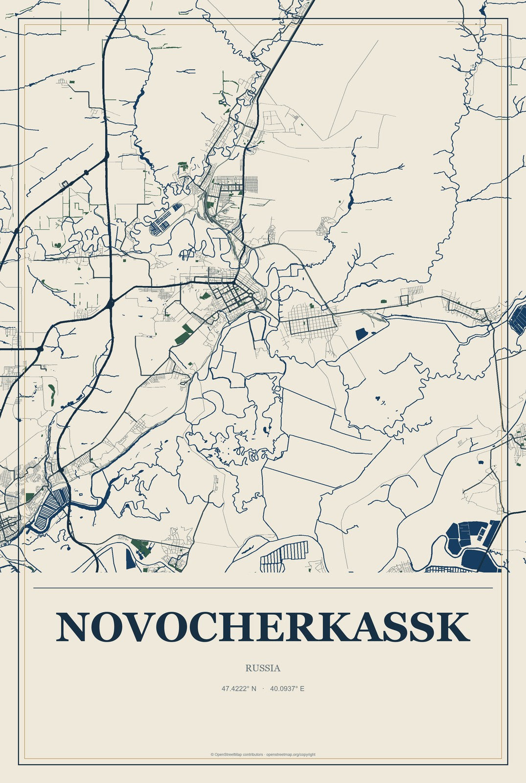 Novocherkassk, Russia City Map Aluminum Sign in Coastal Cutout style