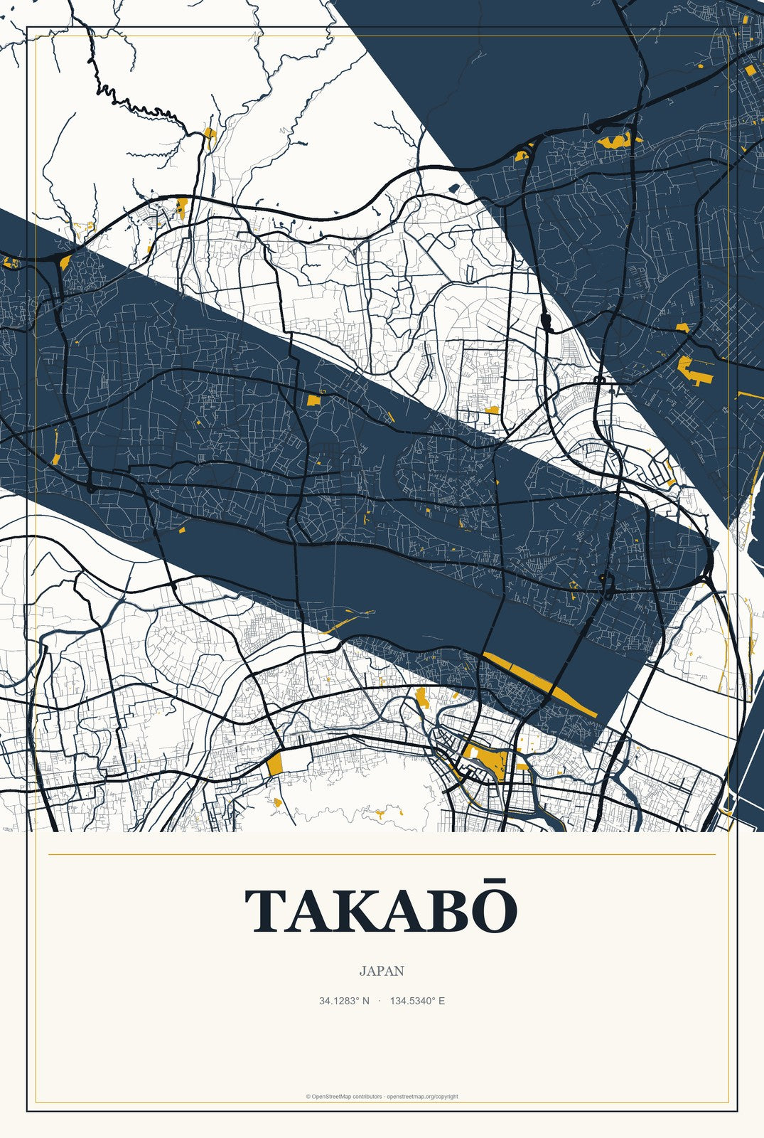 Takabō, Japan City Map Aluminum Sign in Citrine Modern style