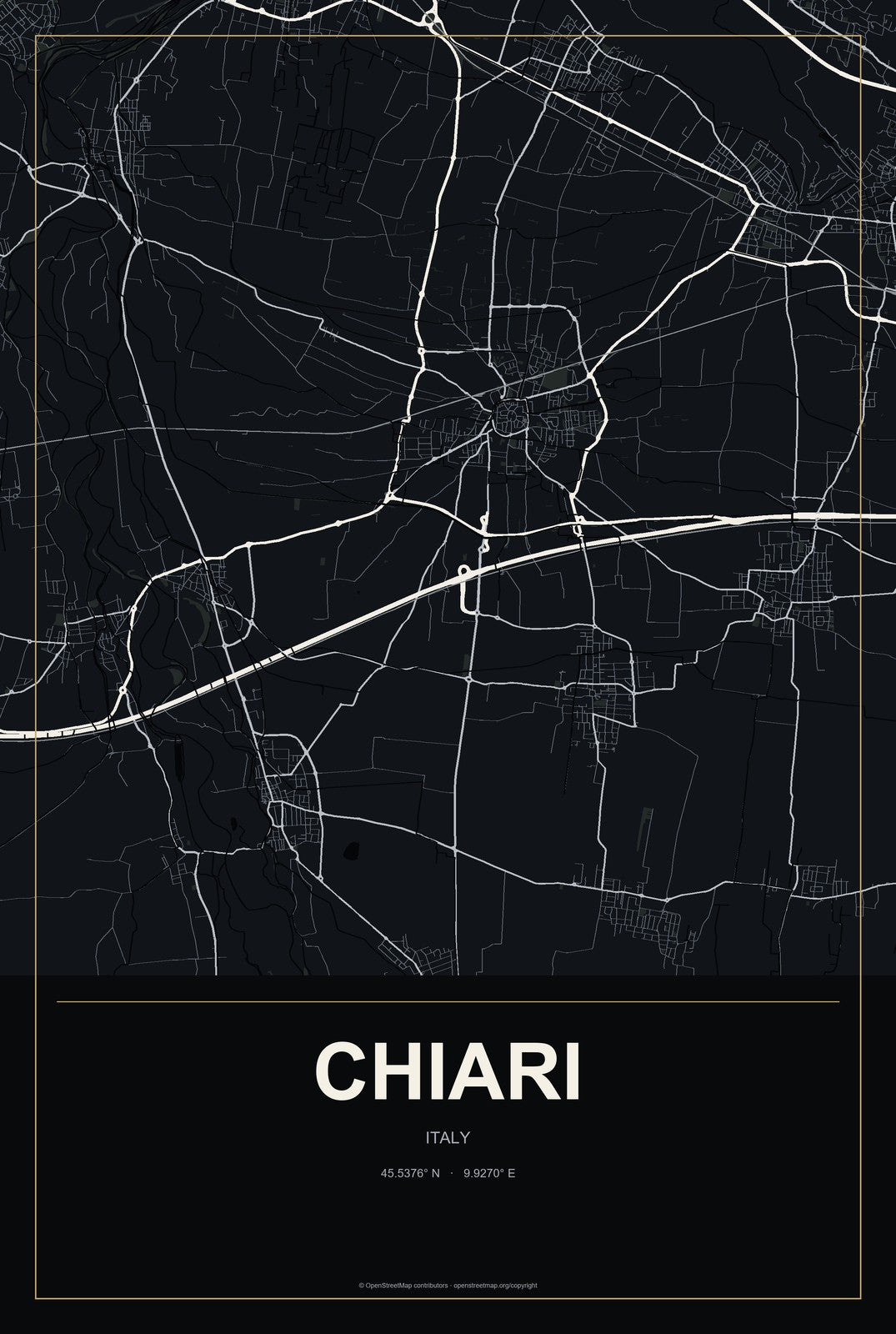 Chiari, Italy City Map Aluminum Sign in Metropolitan Noir style