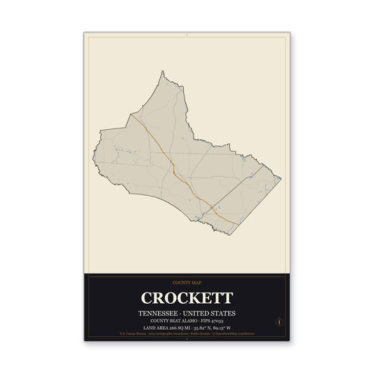 Crockett County, Tennessee Map Aluminum Sign in Museum Plaque style