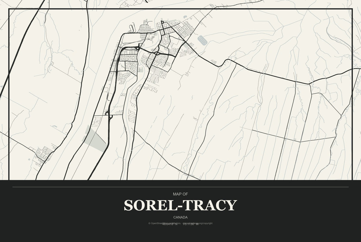 Sorel-Tracy, Canada City Map Aluminum Sign in Museum Plaque style