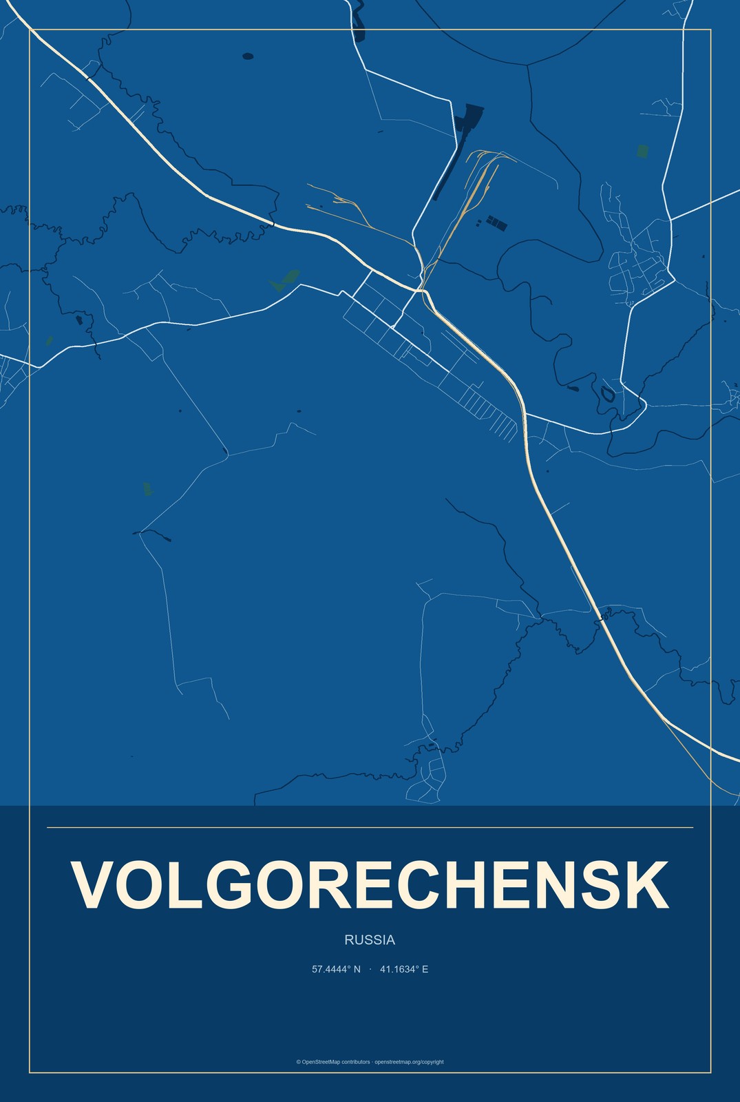 Volgorechensk, Russia City Map Aluminum Sign in Harbor Cobalt style