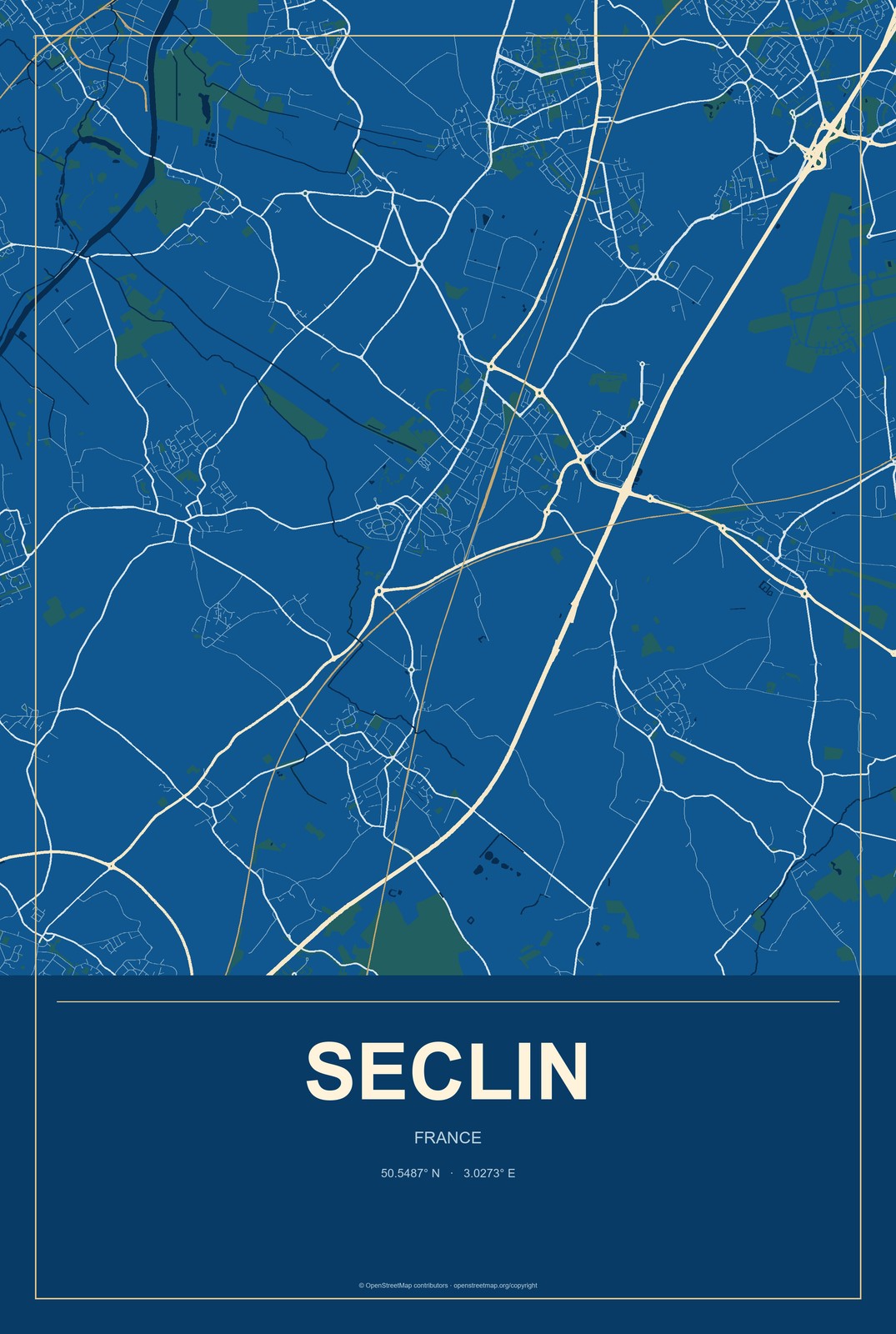 Seclin, France City Map Aluminum Sign in Harbor Cobalt style